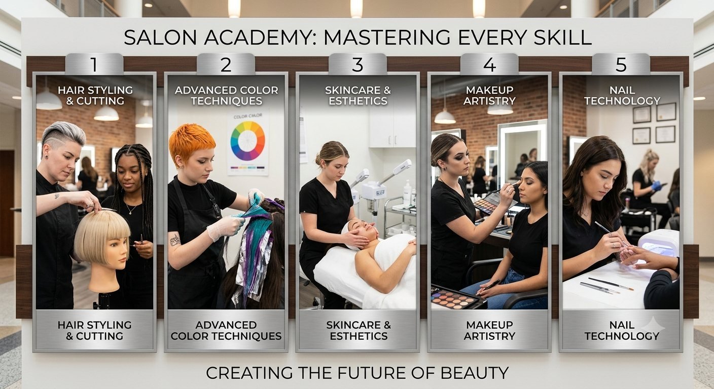 Salon Academy, mastering every skill: five panels showing students practising hair styling and cutting, advanced colour techniques, skincare and esthetics, makeup artistry, and nail technology